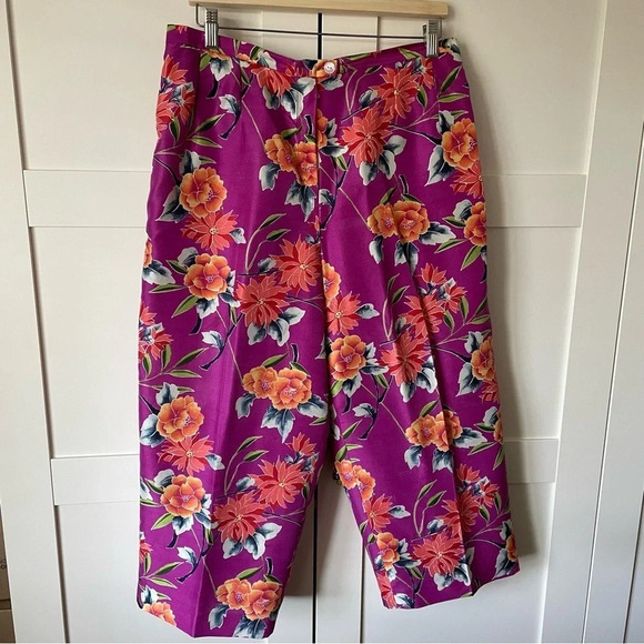 Benard Holtzman Herve Benard Silk Pants 16 Fuchsia With Large Flower Cropped - Picture 1 of 15